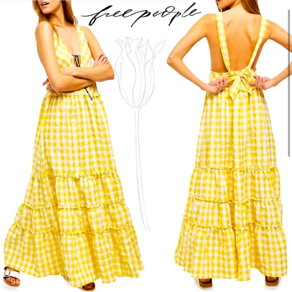 Free people yellow gingham low back maxi dress